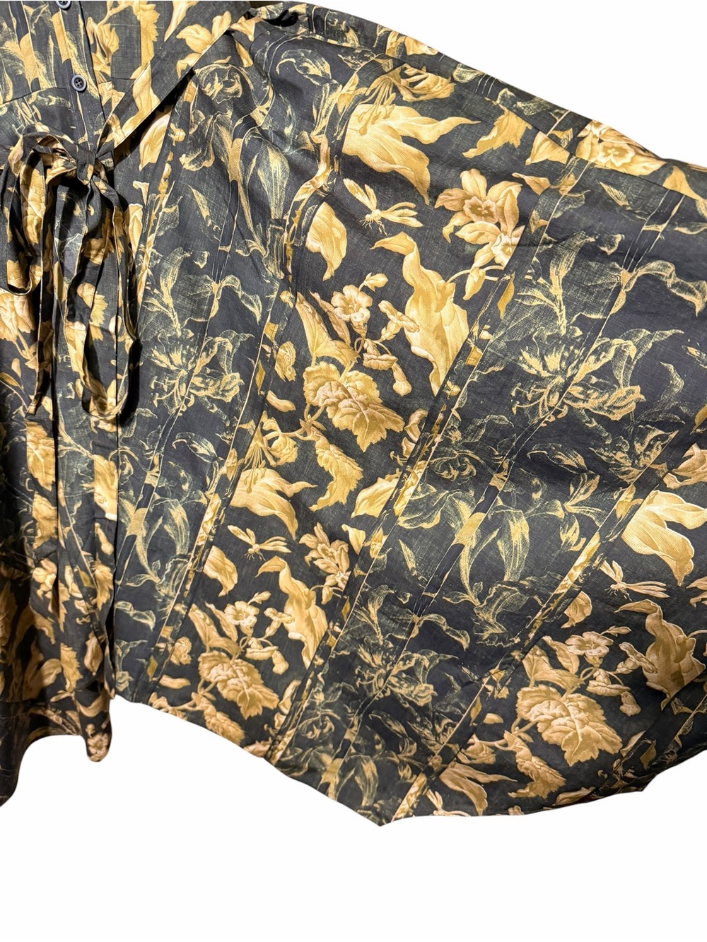 Black Floral Midi Shirt Dress with Gold Botanical Print - Picture 3 of 7